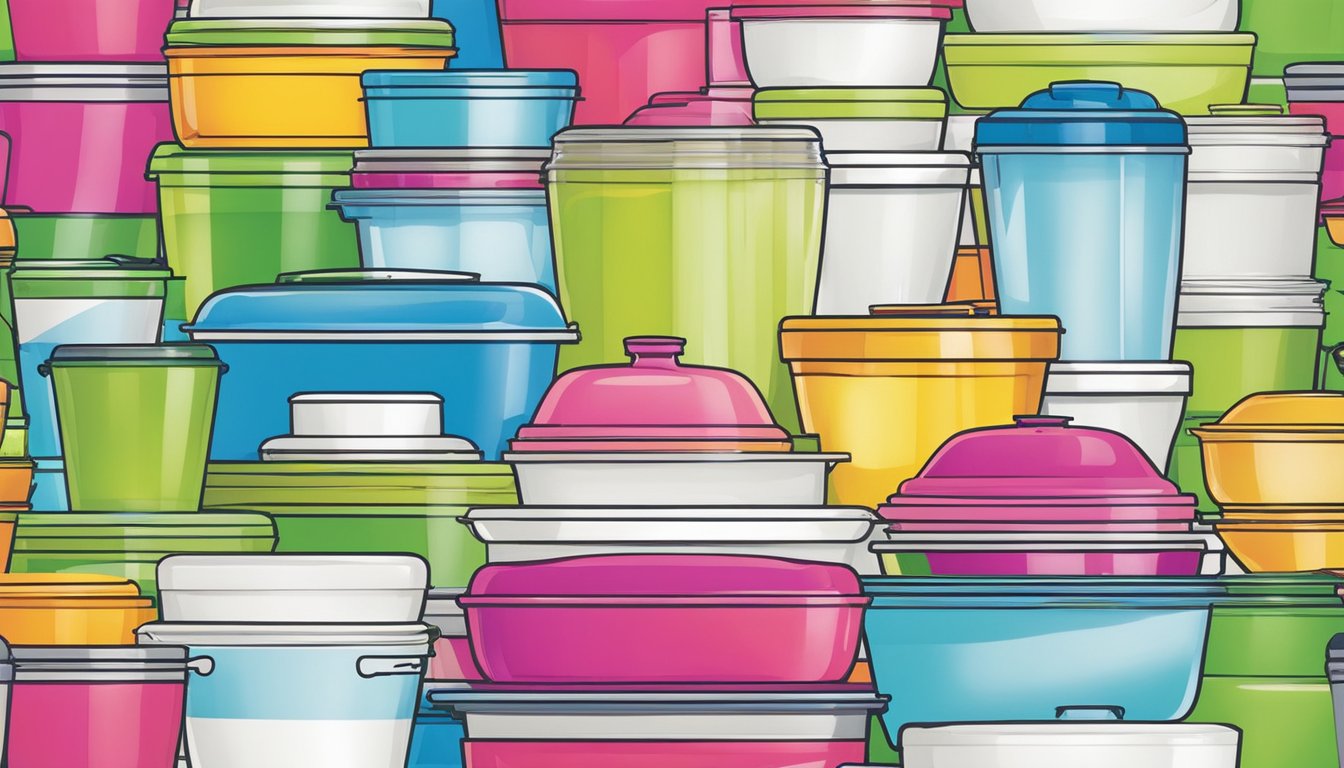 A table is covered with various Tupperware products, each personalized with company logos and names. Bright colors and sleek designs catch the eye, showcasing the versatility of Tupperware as corporate gifts