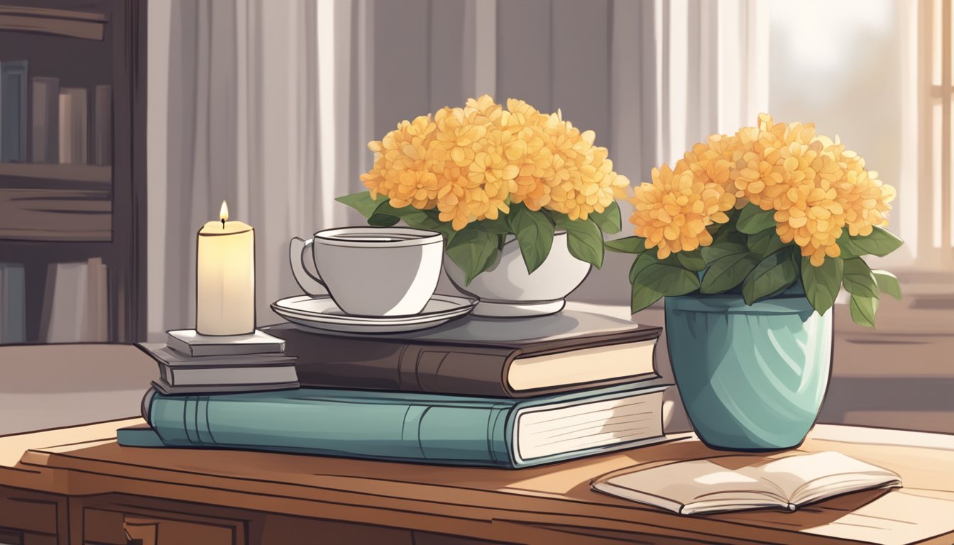 A coffee table with a stack of books, a potted plant, and a decorative tray with a candle and a small vase of flowers on top