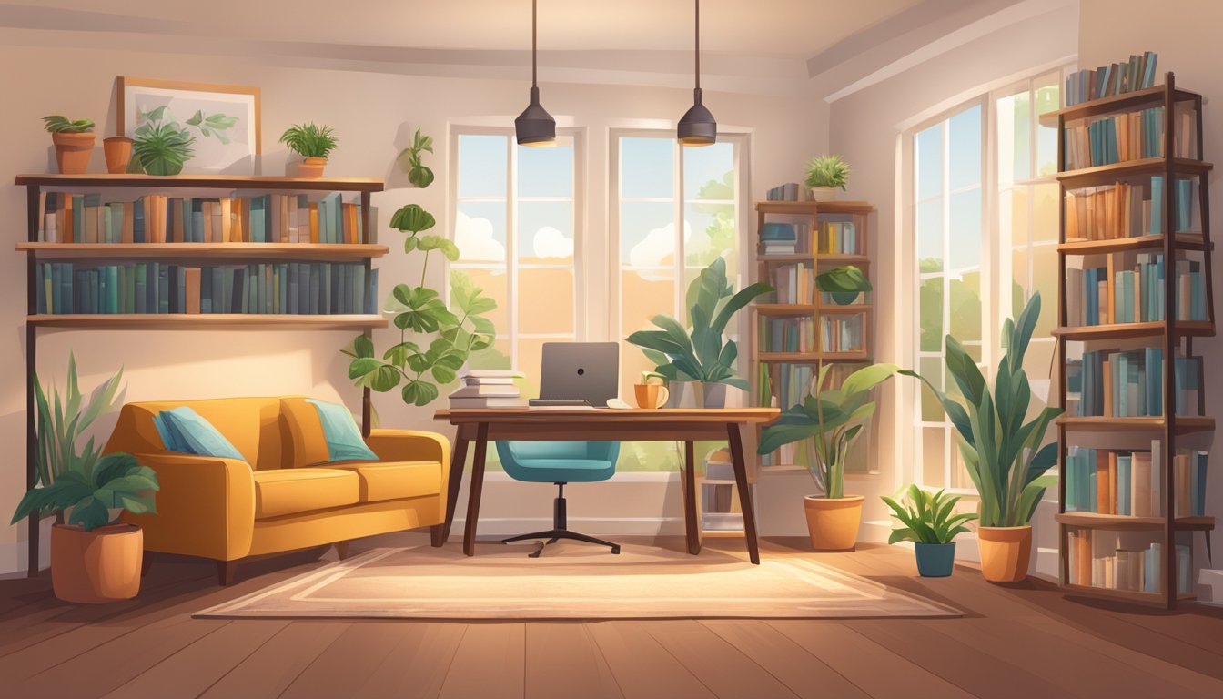 A cozy living room with a large window, comfortable seating, and warm lighting. A bookshelf filled with books and plants, and a desk with a computer and creative supplies