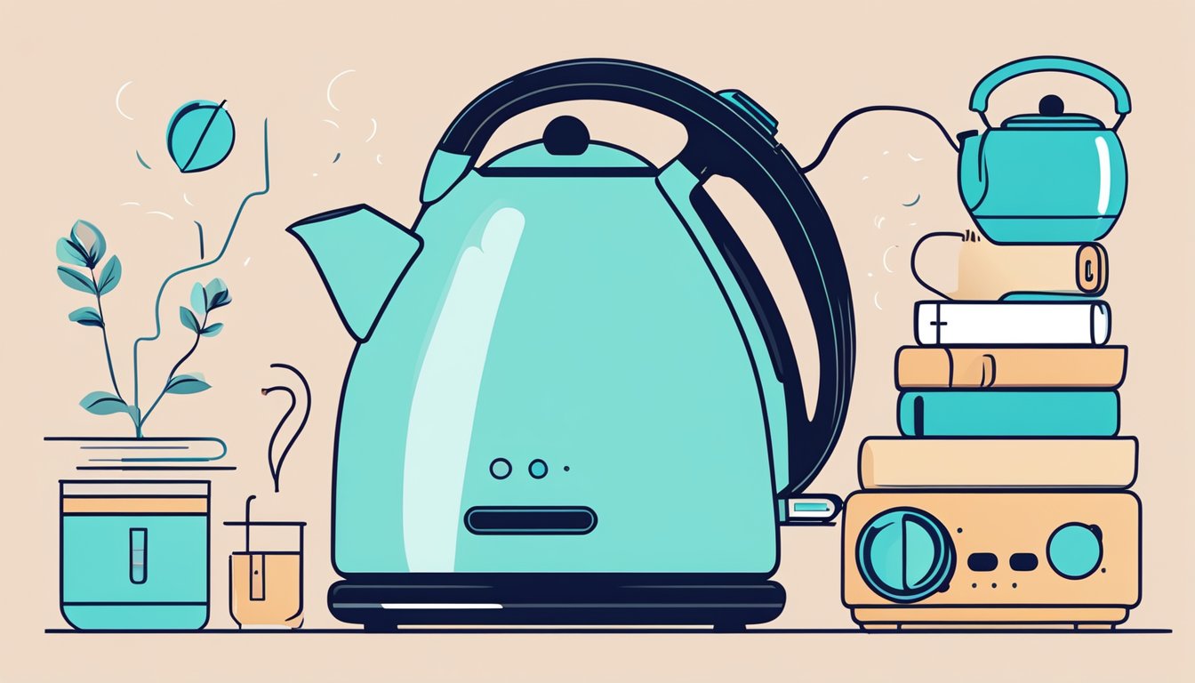 A modern electric kettle surrounded by various frequently asked questions in a clean and minimalist setting