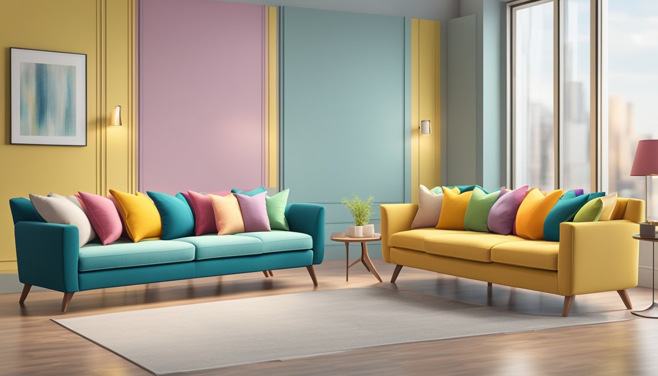 A row of colorful sofas displayed in a well-lit showroom with price tags and various fabric options