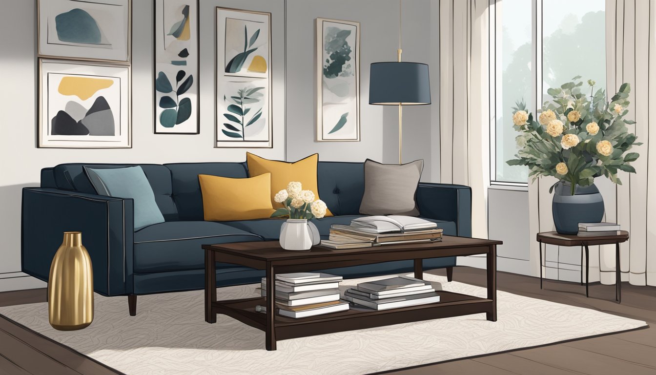 A cozy living room with a modern sofa and a sleek, rectangular coffee table. The table is made of dark wood with metallic accents, and it is adorned with a few carefully curated books and a small vase of fresh flowers