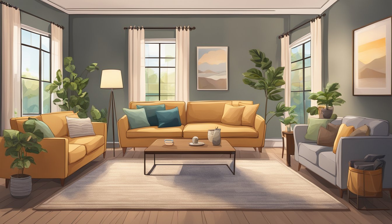A cozy living room with various sofas on display, soft lighting, and a warm color scheme. A sign reads "Discover the Perfect Sofa for Your Space" above the entrance