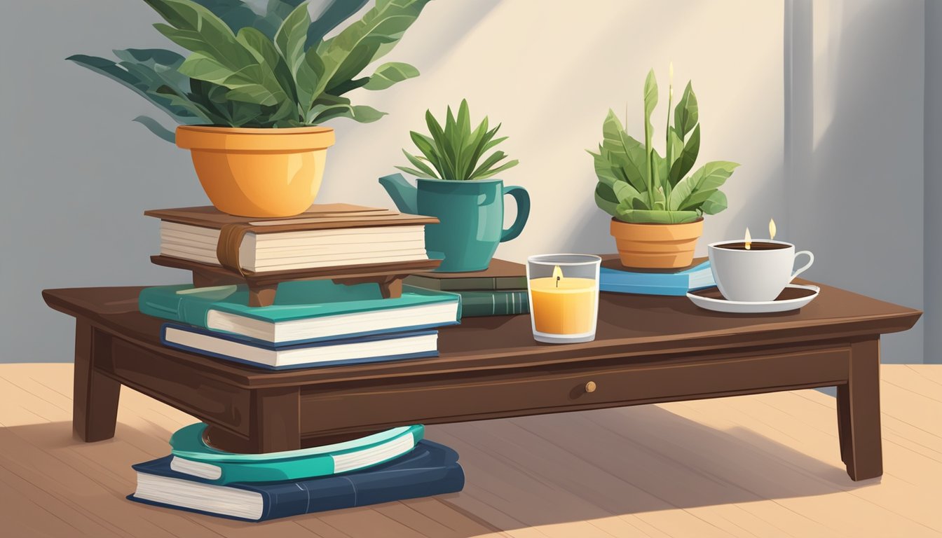 A coffee table with a stack of books, a potted plant, and a decorative tray with a candle and coasters