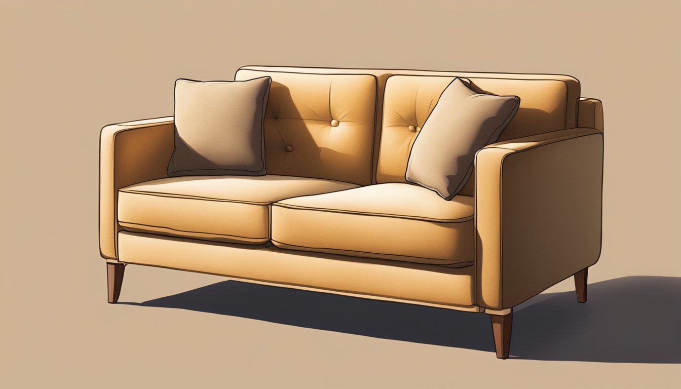 A small two-seater sofa with a "Frequently Asked Questions" sign displayed prominently on the armrest. The sofa is positioned in a cozy living room with soft lighting and a warm color palette