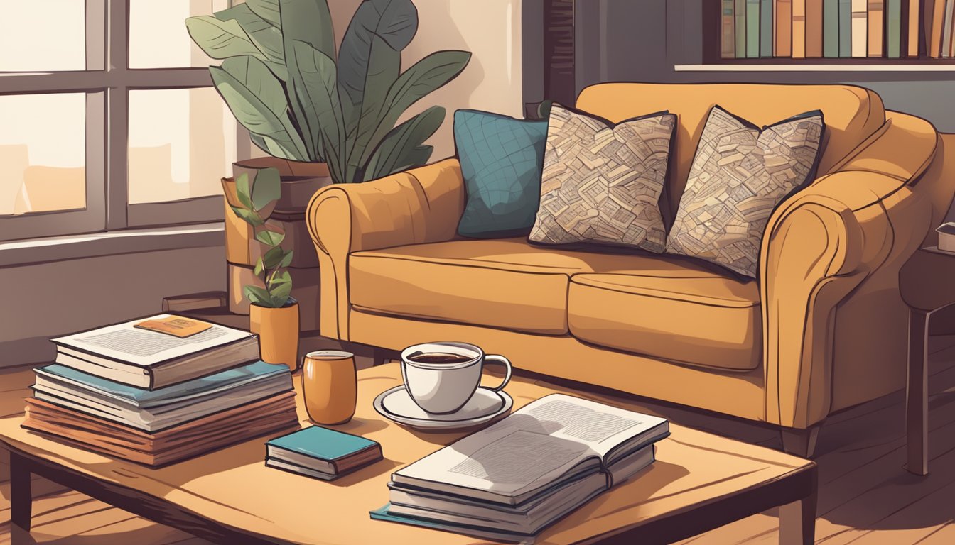 A coffee table with neatly arranged FAQ pamphlets and a stack of books, surrounded by comfortable seating and a warm, inviting atmosphere