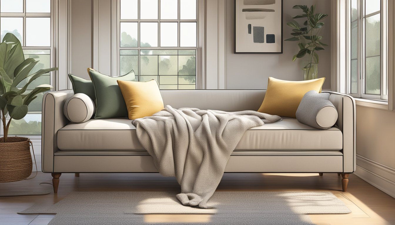 A cozy day bed sofa sits by a large window, bathed in soft natural light. The cushions are plump and inviting, and a knit throw blanket is draped over one end