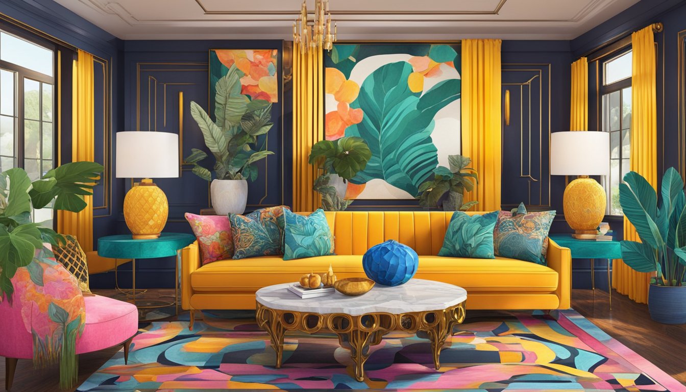 A maximalist interior with bold patterns, eclectic furniture, and vibrant colors. Rich textures and layers create a visually stimulating and luxurious space