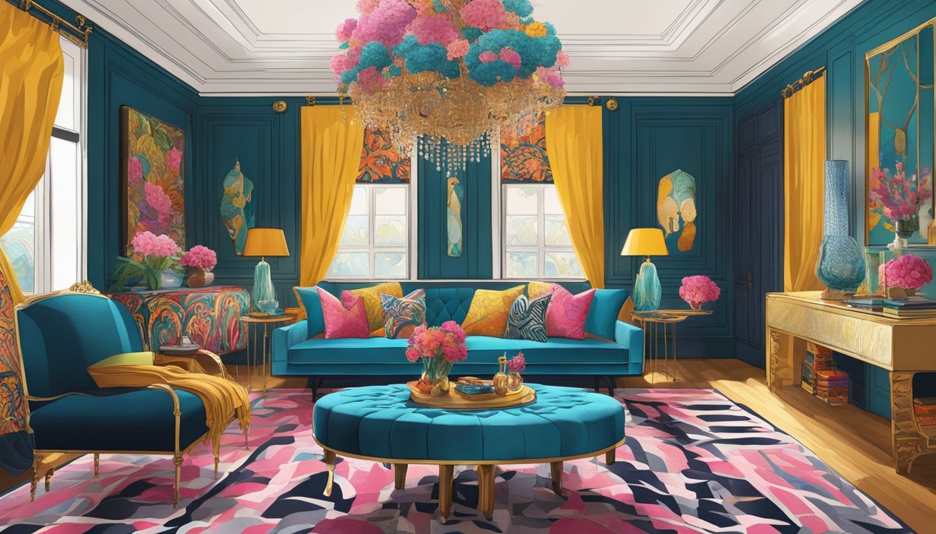 A maximalist interior with bold patterns, vibrant colors, and luxurious textures. Ornate furniture, eclectic decor, and layers of textiles create a visually rich and opulent space