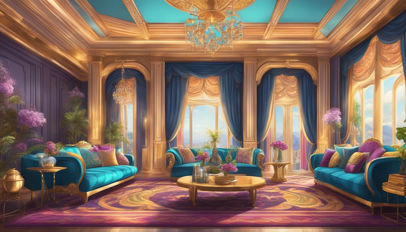 A lavish, opulent room with vibrant colors, intricate patterns, and an abundance of decorative elements, creating a visually rich and luxurious environment