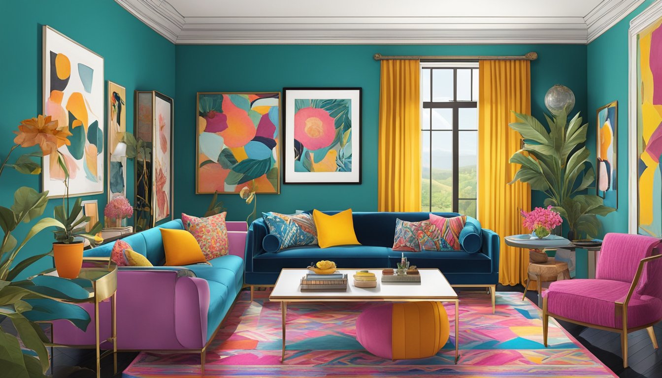 A vibrant, eclectic space filled with bold patterns, rich textures, and an abundance of decorative elements. The room is filled with an array of mismatched furniture, colorful artwork, and unique statement pieces, creating a visually stimulating and dynamic environment