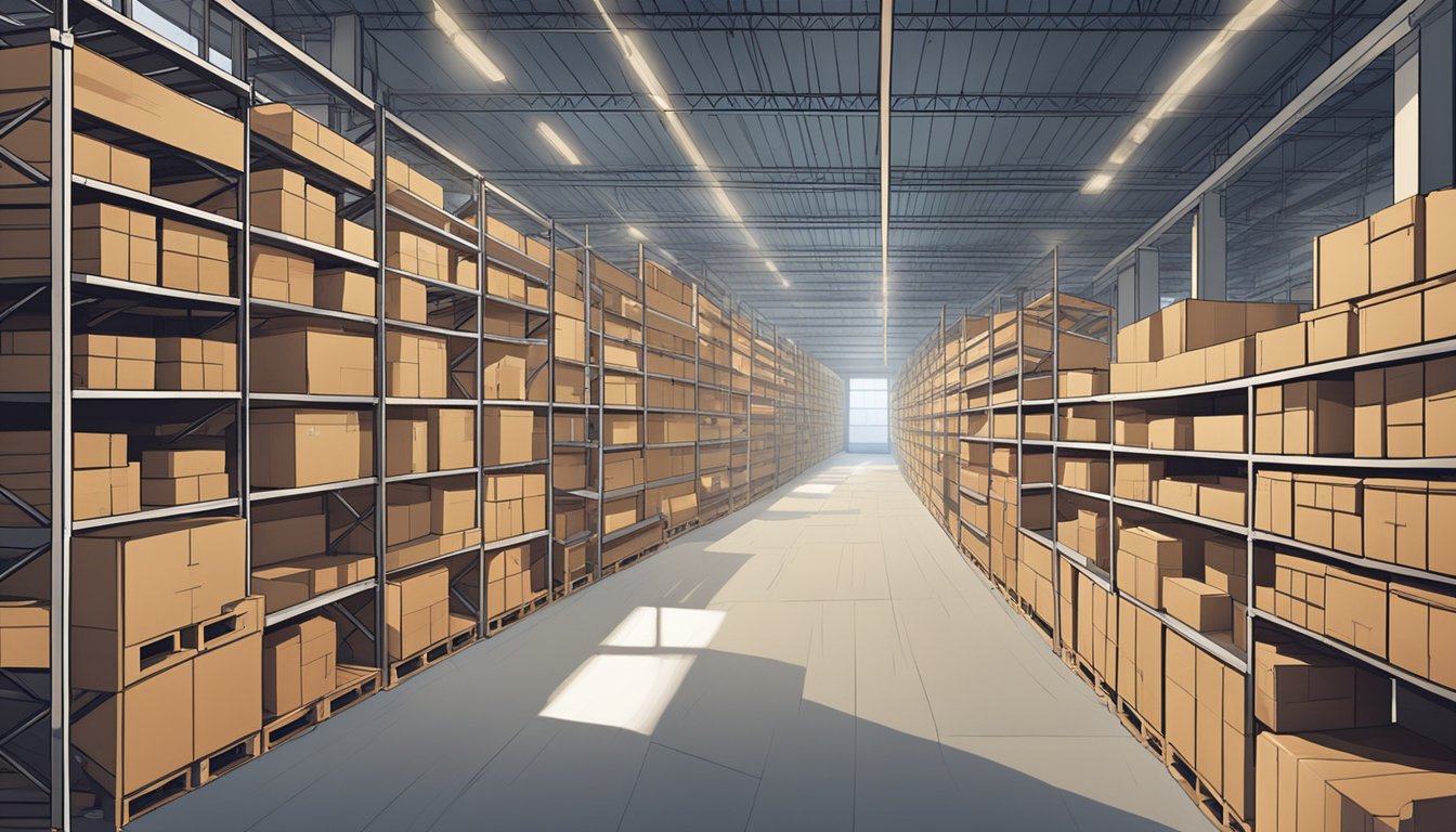 Rows of stacked furniture fill the warehouse, with shelves lined up against the walls. Pallets of boxes and crates are scattered throughout the space