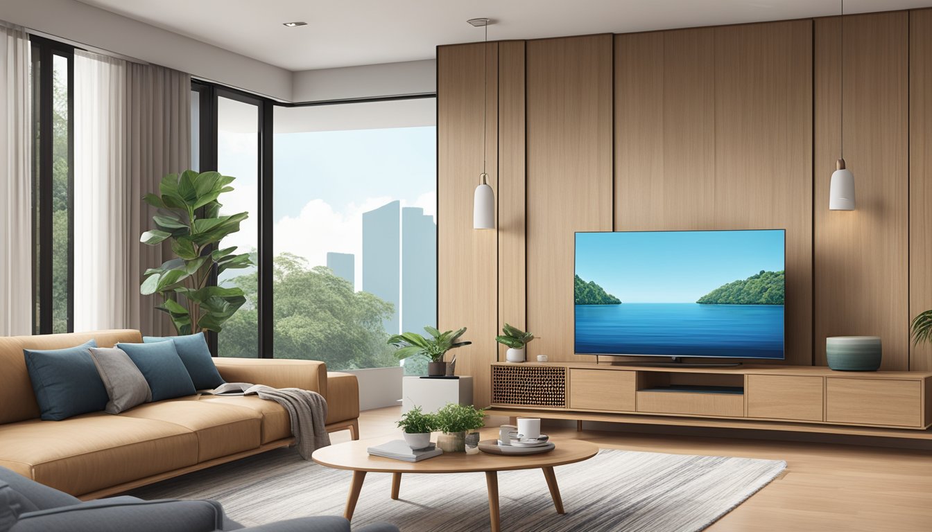 A wooden TV console in a modern Singapore living room
