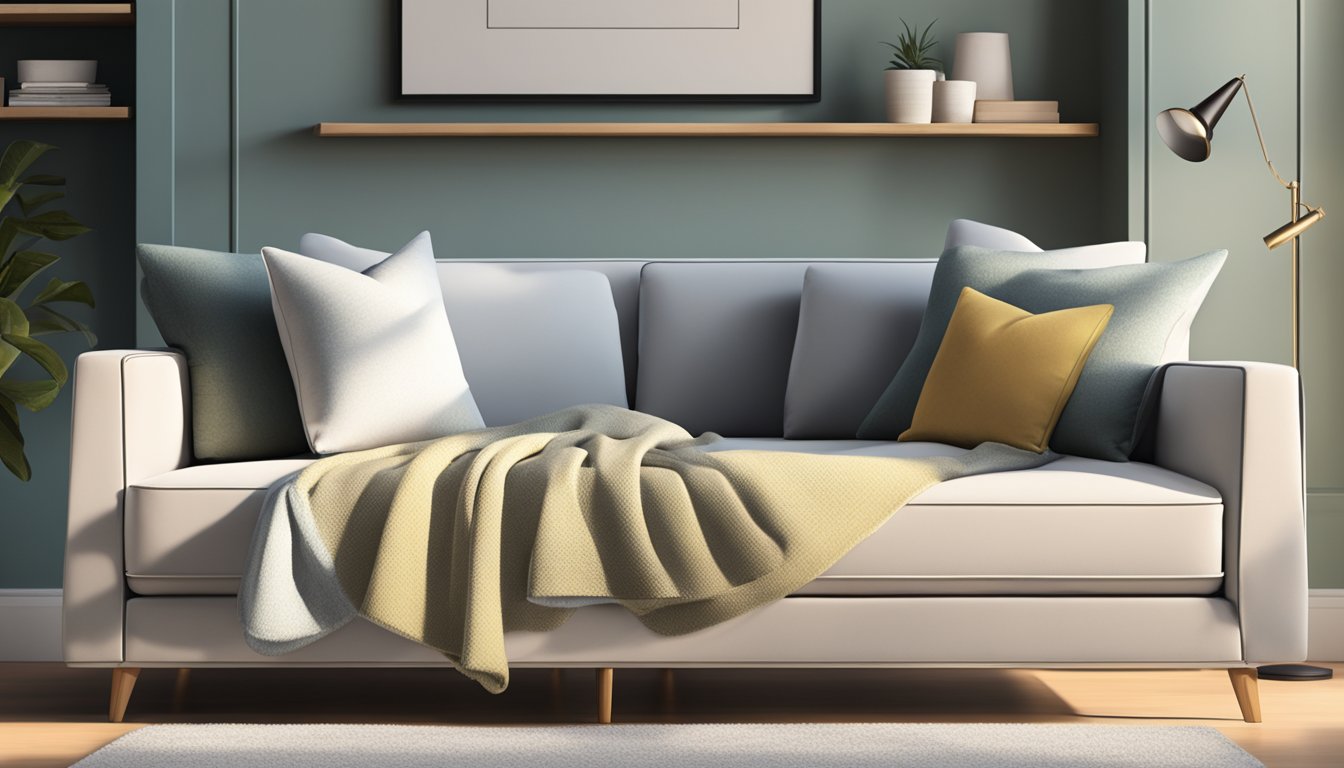 A modern day bed sofa sits in a sunlit room, adorned with plush pillows and a cozy throw blanket. The sleek design and inviting comfort beckon for relaxation