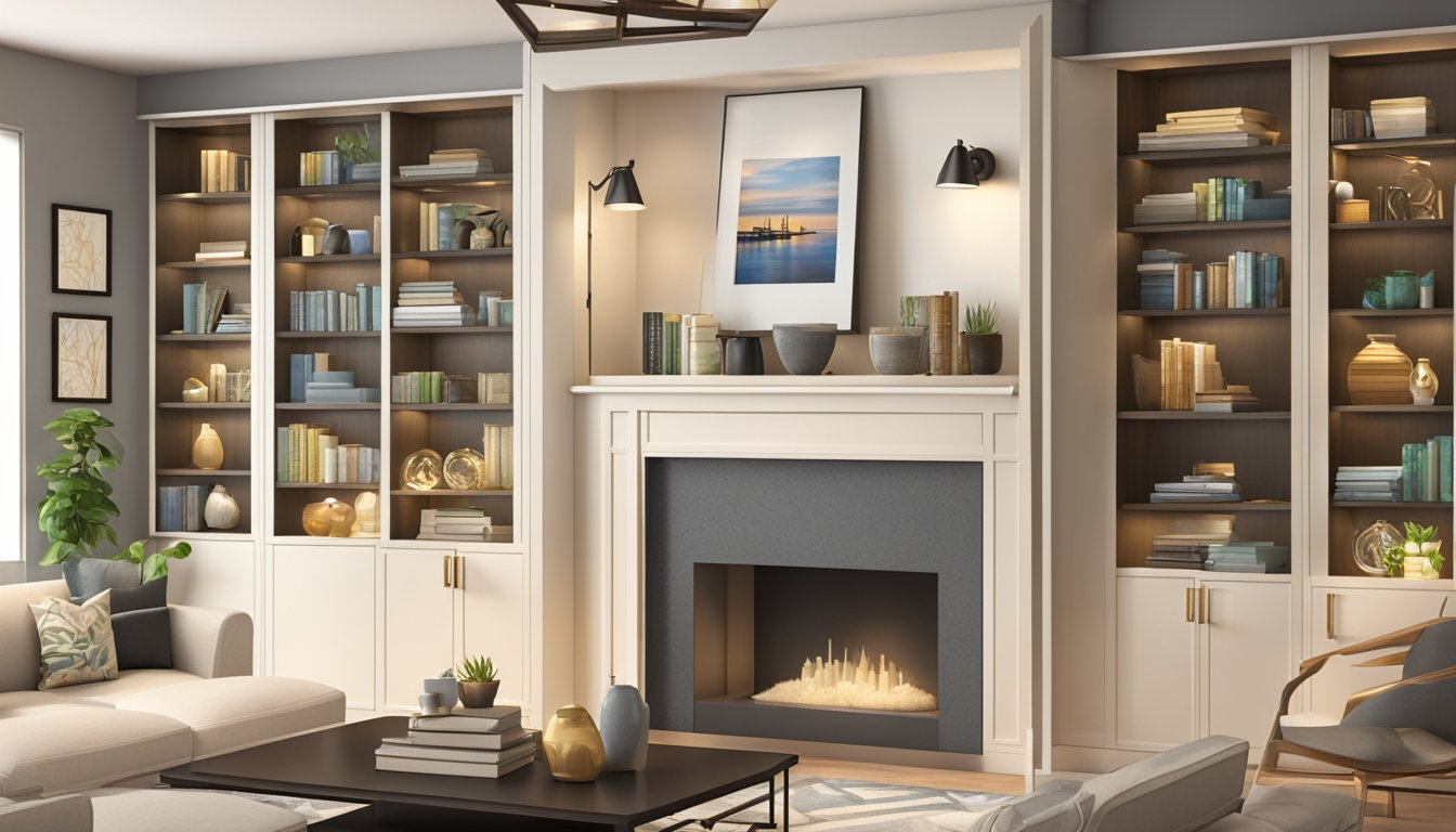 A living room display cabinet with glass doors filled with books, photo frames, and decorative items. A soft glow from the built-in lights illuminates the items inside