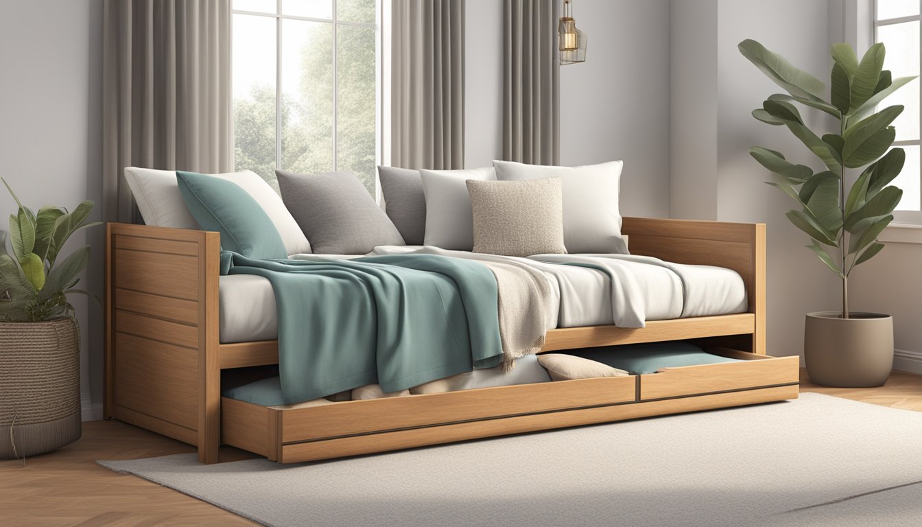 A day bed sofa with adjustable backrest and storage drawers, surrounded by soft throw pillows and a cozy blanket