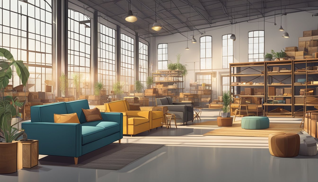 A spacious warehouse filled with rows of modern and vintage furniture pieces, arranged in an organized and inviting manner. Bright lighting highlights the various textures and colors, creating an atmosphere of exploration and discovery