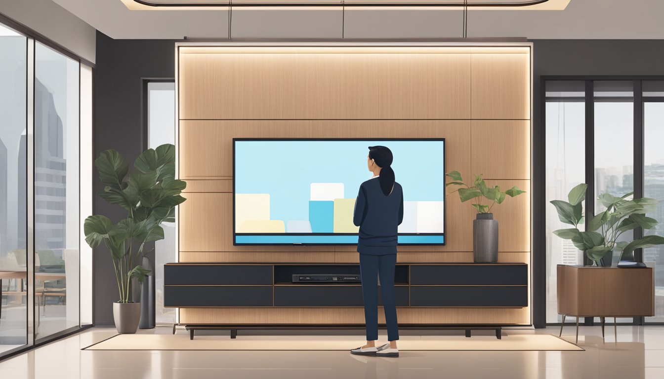 A person is standing in a showroom, carefully examining a sleek and modern wooden TV console in Singapore. The console is beautifully crafted with clean lines and a rich, dark finish