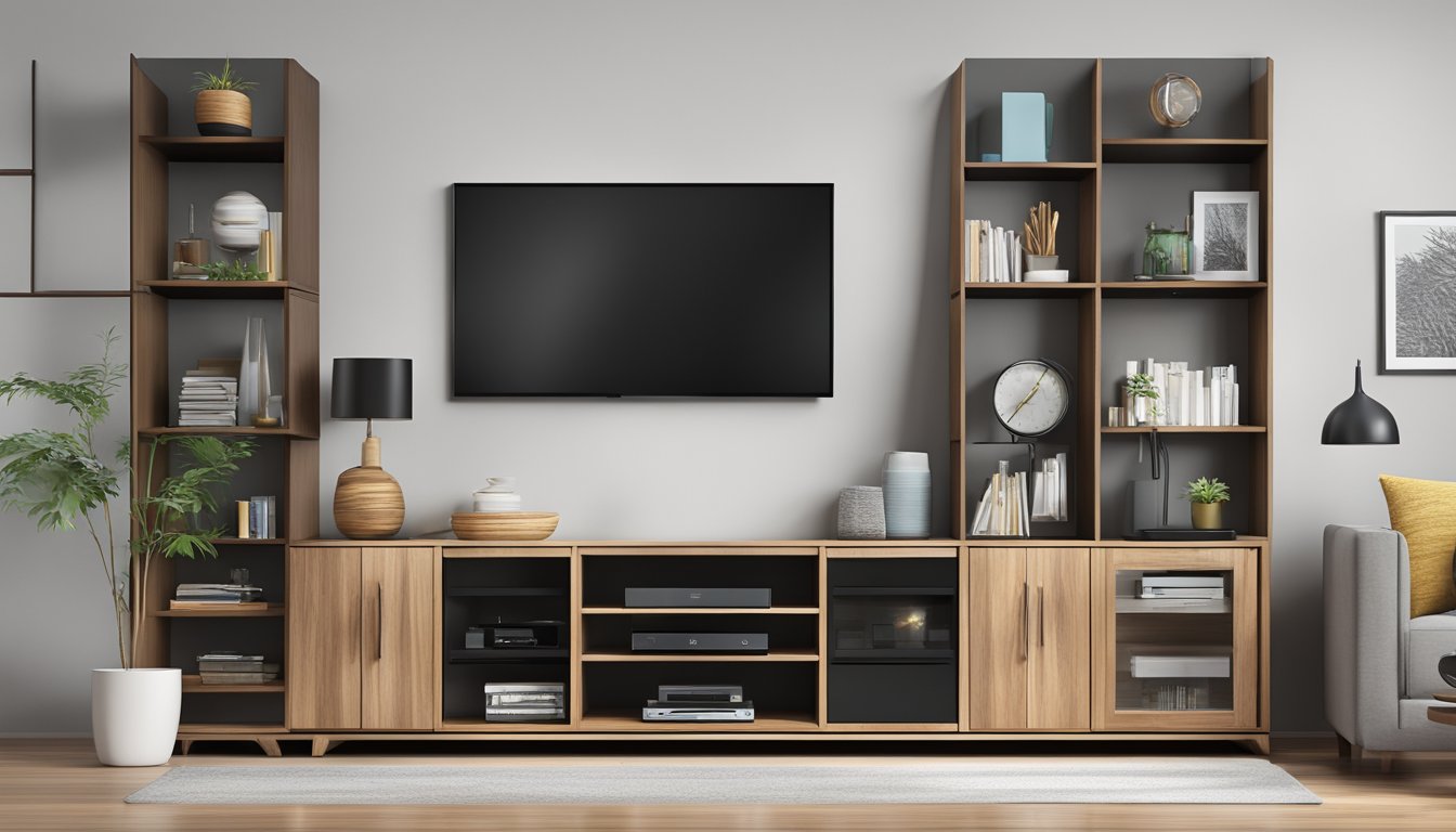 A sleek wooden TV console in a modern living room, with neatly organized shelves and compartments, showcasing the latest electronic gadgets and entertainment systems