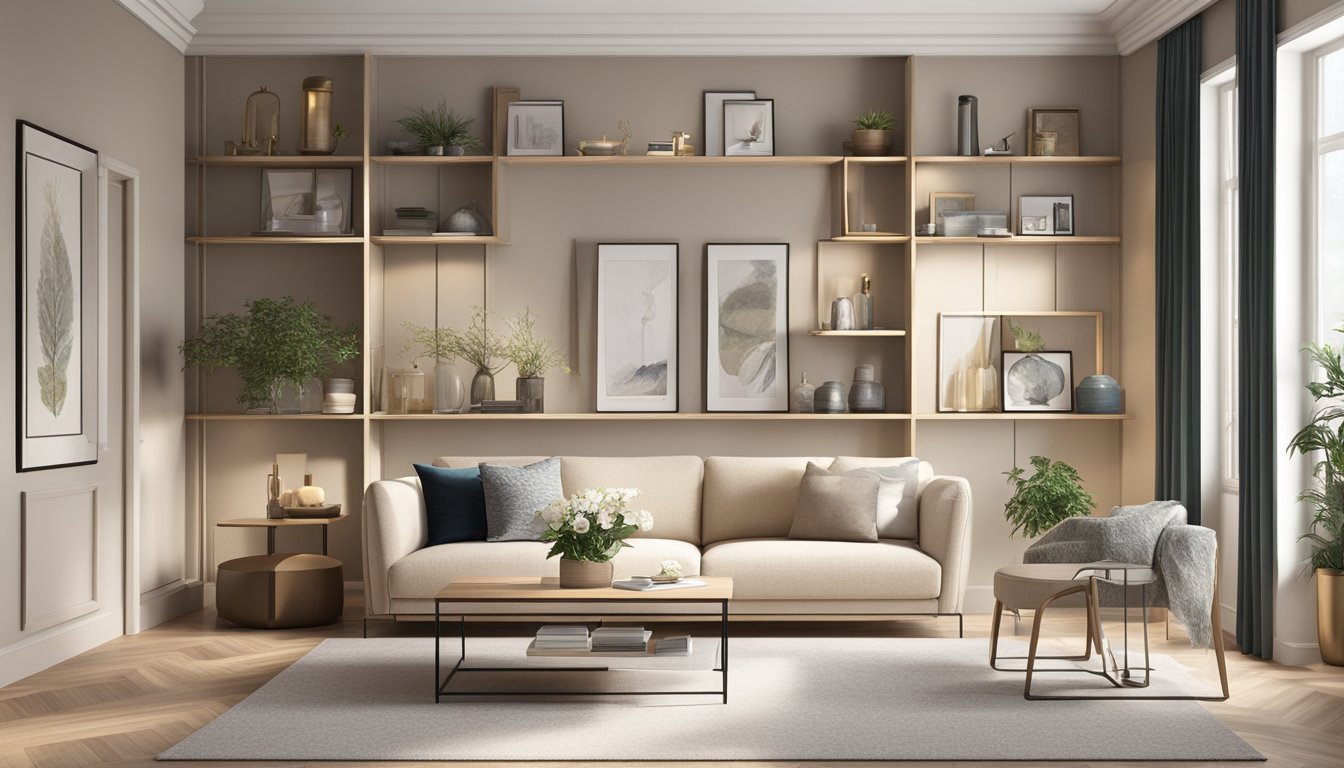 A spacious living room with a modern display cabinet against a neutral-colored wall. The cabinet is filled with decorative items and framed photos, adding a touch of elegance to the room