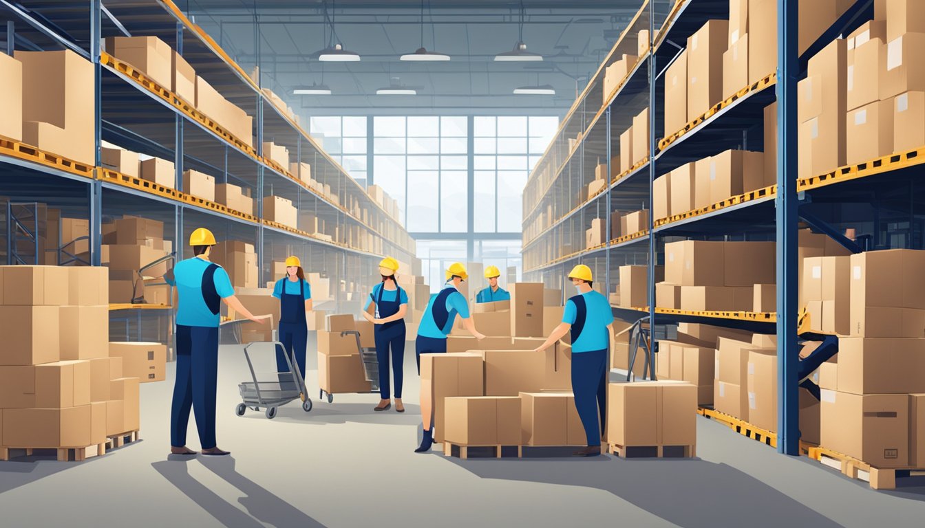 A bustling furniture warehouse with employees assisting customers and organizing inventory