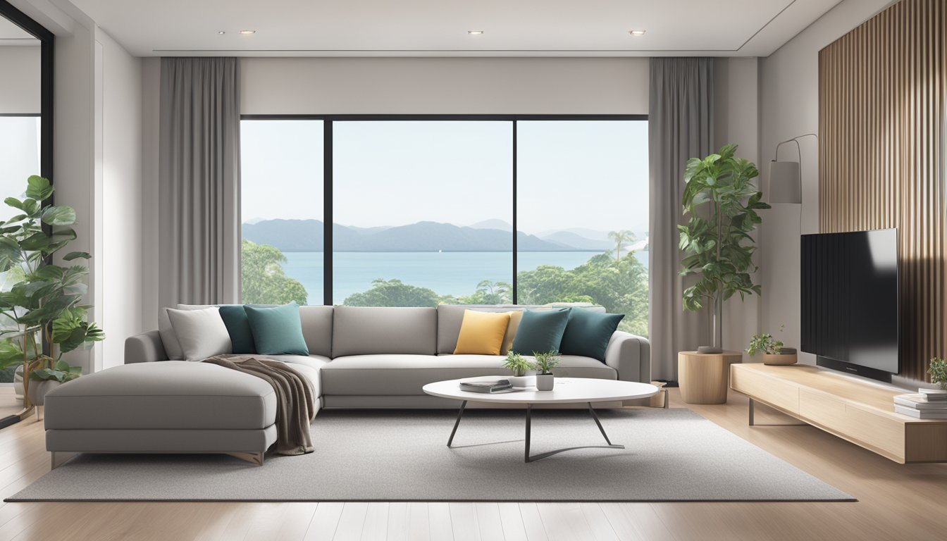 A sleek Panasonic air conditioner installed in a modern Singaporean living room, with clean lines and a minimalist aesthetic