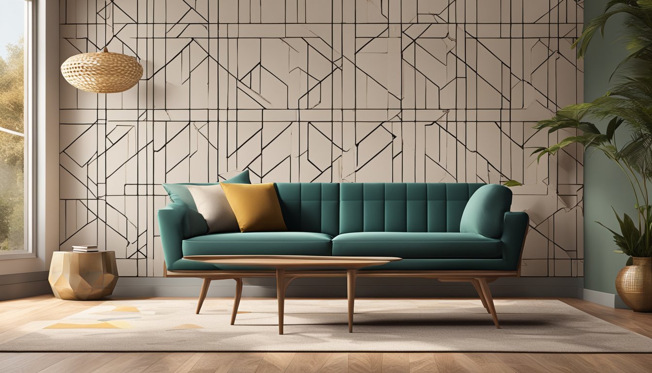 A sleek mid century modern sofa sits against a geometric patterned wall. A minimalist coffee table and a vintage floor lamp complete the scene
