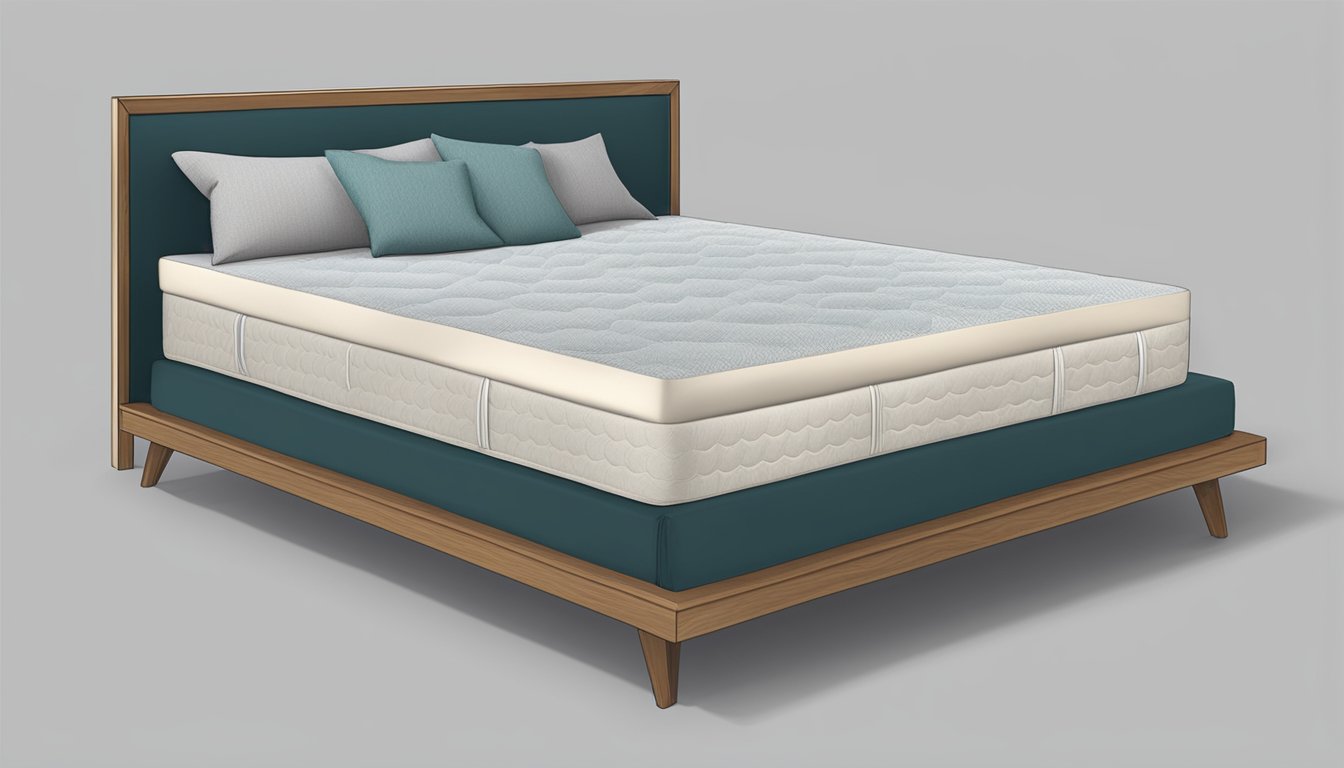 A full latex mattress sits atop a sturdy bed frame, surrounded by soft, luxurious bedding. The mattress is supportive and comfortable, promoting a restful night's sleep