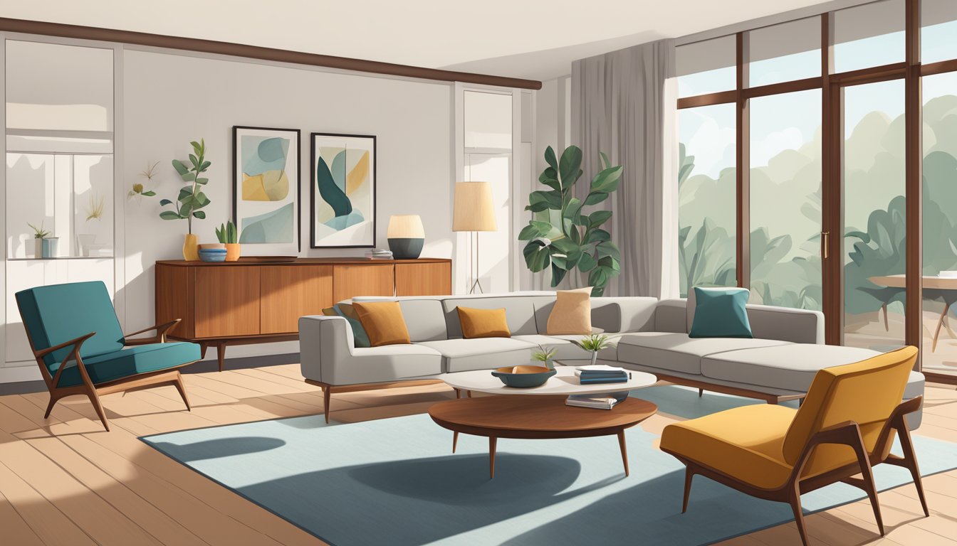 A living room with sleek, clean lines and minimalist furniture, featuring iconic mid-century modern pieces like a teak sideboard and a curved, low-profile sofa