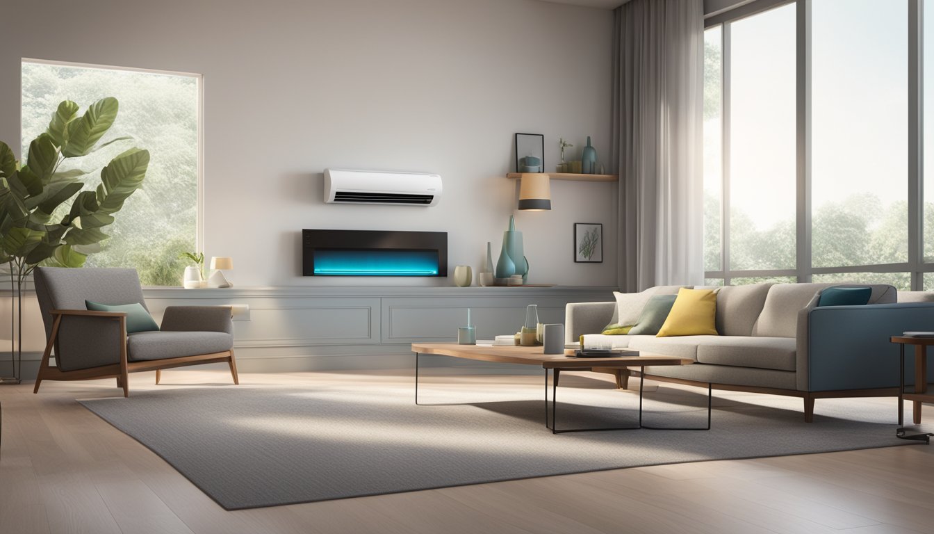 A Daikin 12000 BTU air conditioner sits in a modern living room, cool air gently blowing from its vents, while the digital display shows the current temperature setting