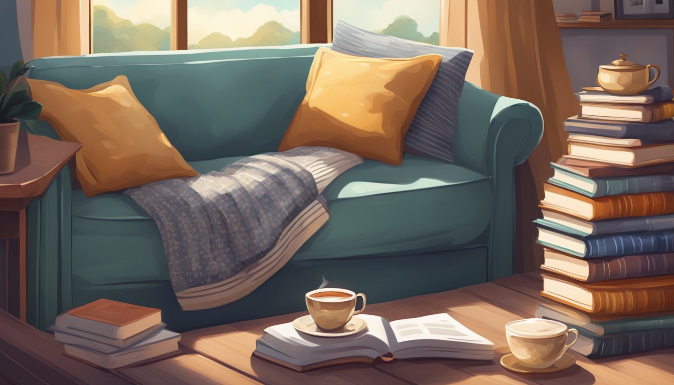 A cozy day bed sofa surrounded by stacks of books and a warm cup of tea, with a soft throw blanket draped over the back