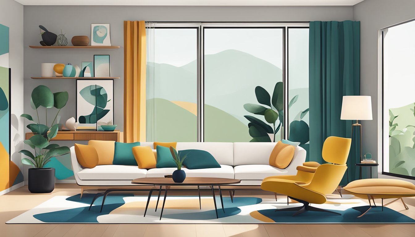 A sleek, minimalist living room with clean lines, organic shapes, and bold colors. Iconic mid-century modern furniture pieces like the Eames lounge chair and Noguchi table are prominent
