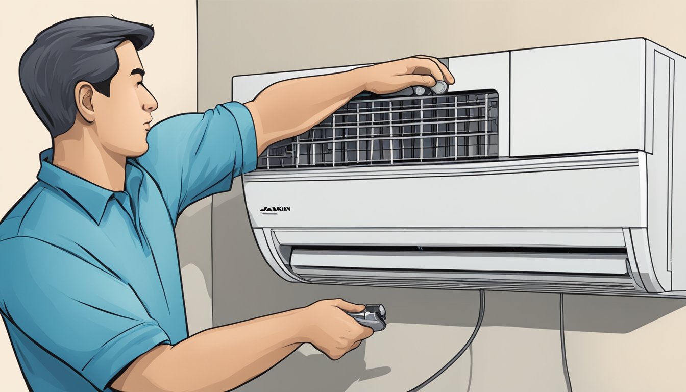 A technician installs a Daikin 12000 BTU air conditioner unit