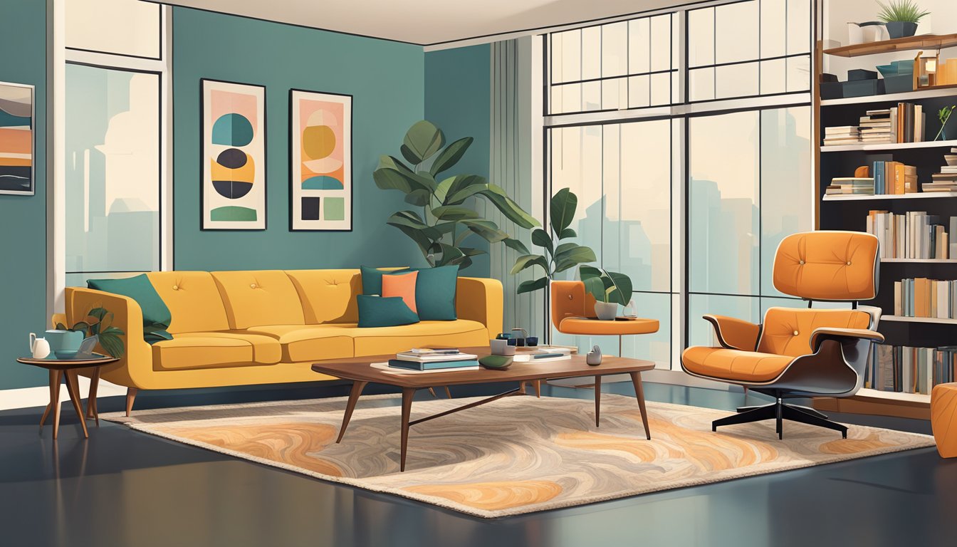 A room with mid-century modern furniture, including a sleek sofa, clean-lined coffee table, and iconic Eames chair. A bookshelf displays vintage decor and a record player