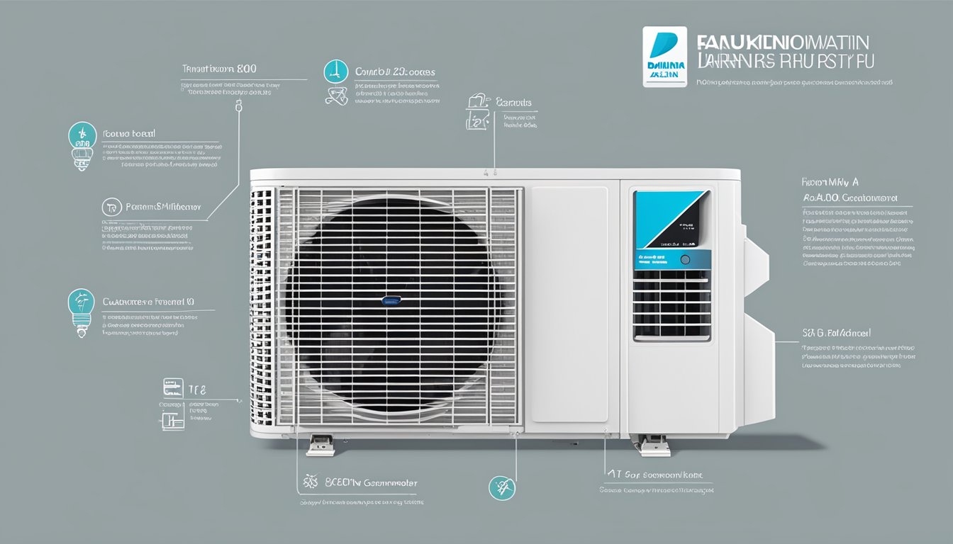 A Daikin 12000 BTU air conditioner with FAQ section displayed