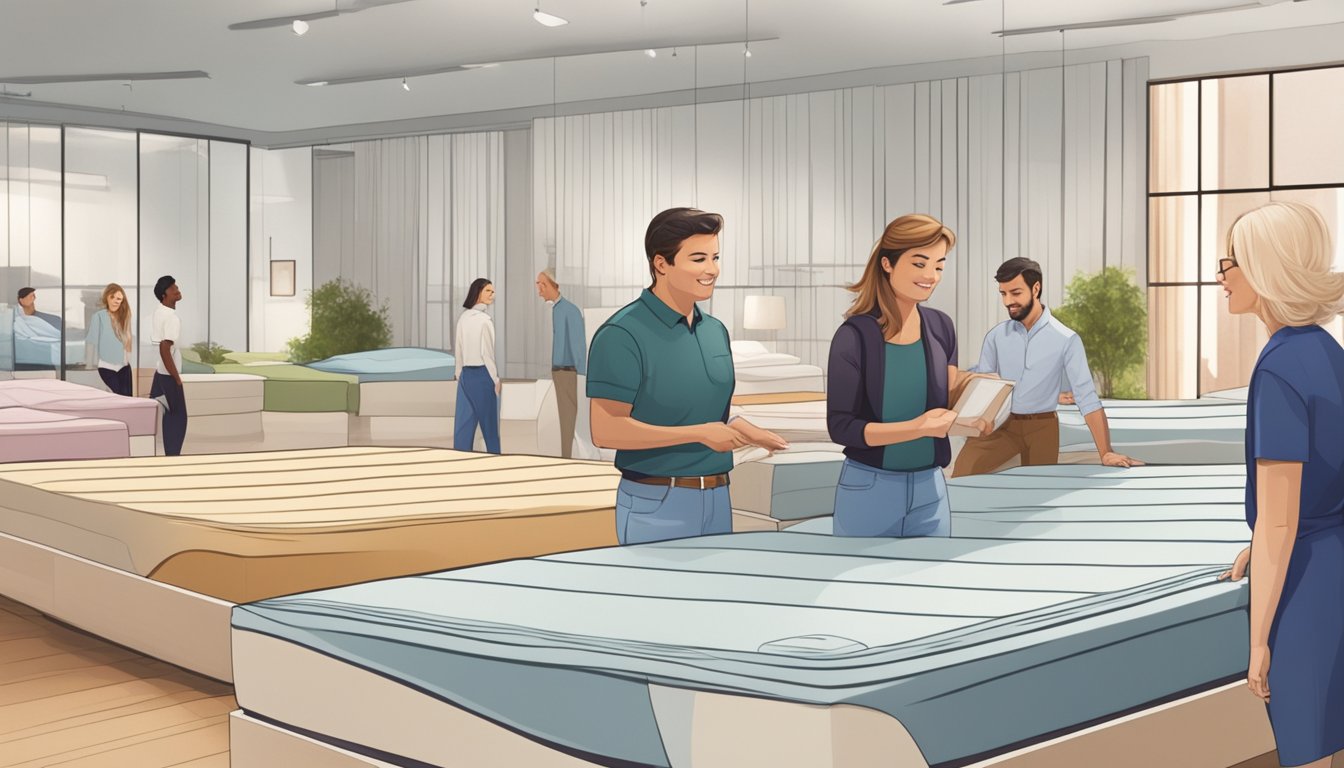 A couple testing the firmness of a latex mattress in a showroom, surrounded by various mattress options and a knowledgeable salesperson