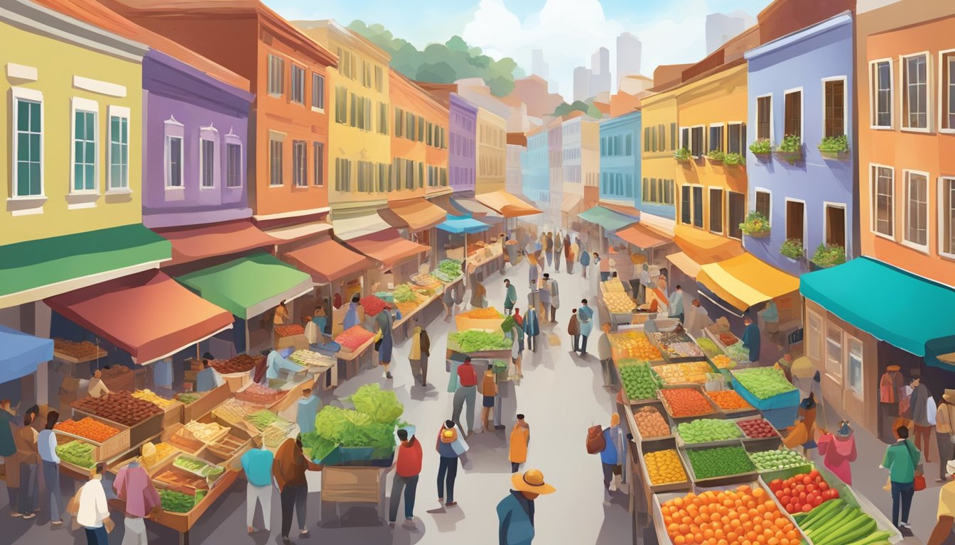 A bustling street market with vendors selling fresh produce and handmade crafts, surrounded by colorful buildings and lively chatter