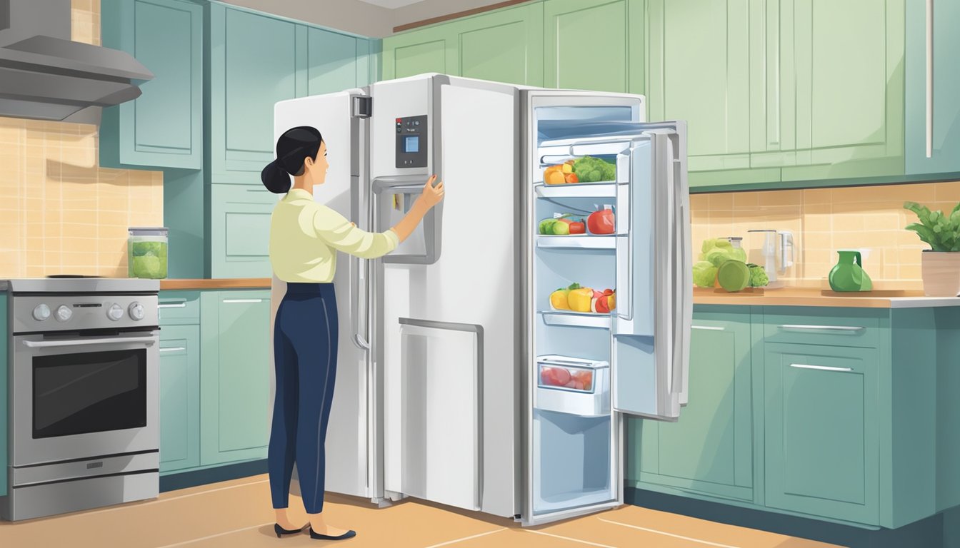 A woman measures a refrigerator in a Singaporean kitchen, comparing its size to available space