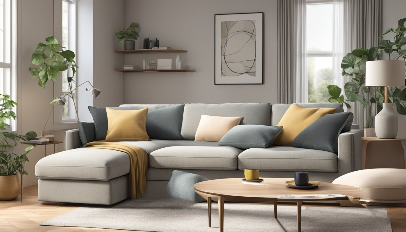 A 3-seater recliner sofa sits in a well-lit living room, with plump cushions and a smooth, clean surface. A small maintenance kit is nearby, including a fabric cleaner and a soft brush