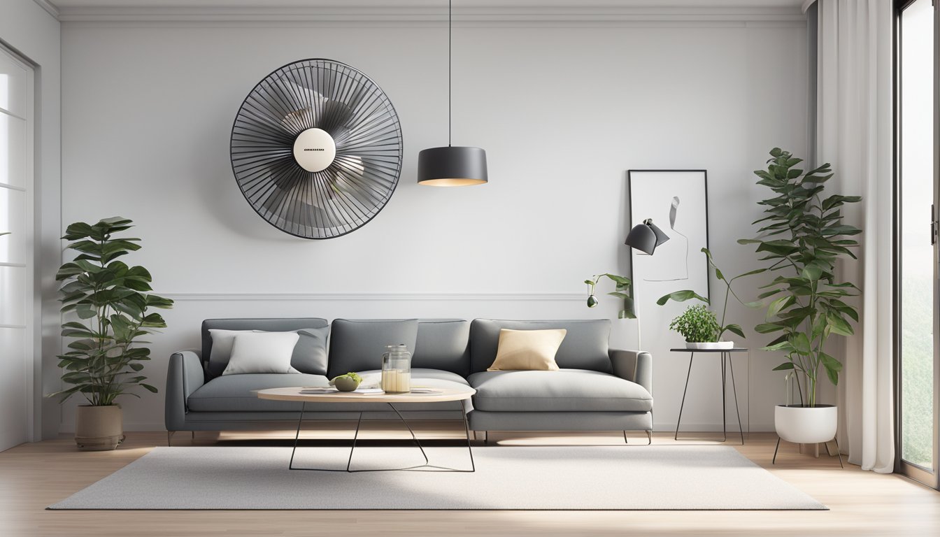 A wall-mounted fan in a modern Singaporean home, positioned high on a clean, white wall, with sleek, metal blades spinning against a backdrop of minimalist decor