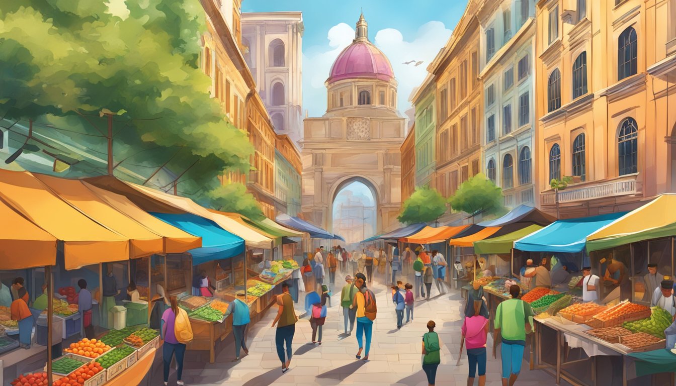 Vibrant street markets, bustling with diverse vendors and colorful displays, surrounded by historic architecture and a lively atmosphere