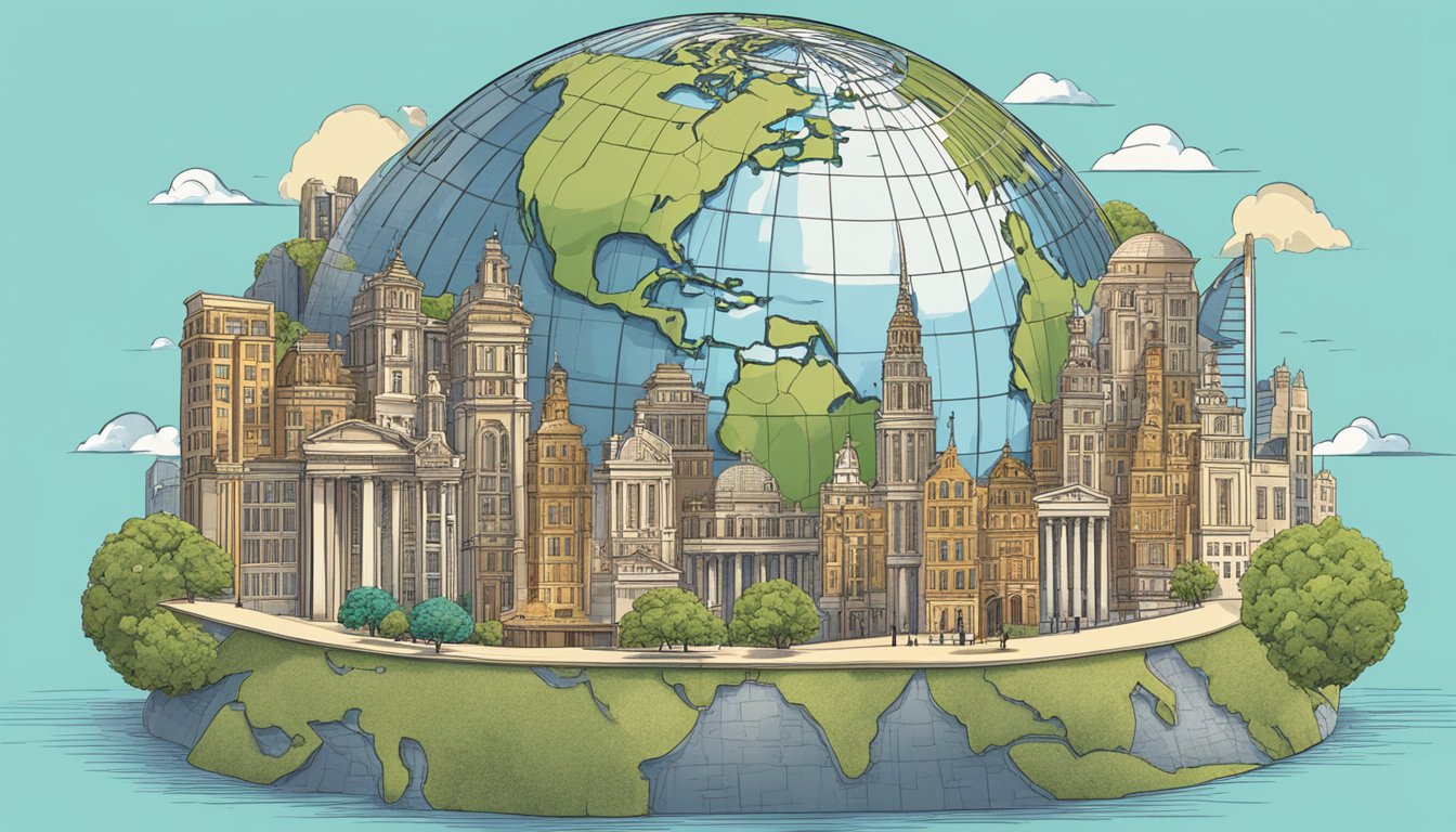 A globe surrounded by diverse architecture representing global reach