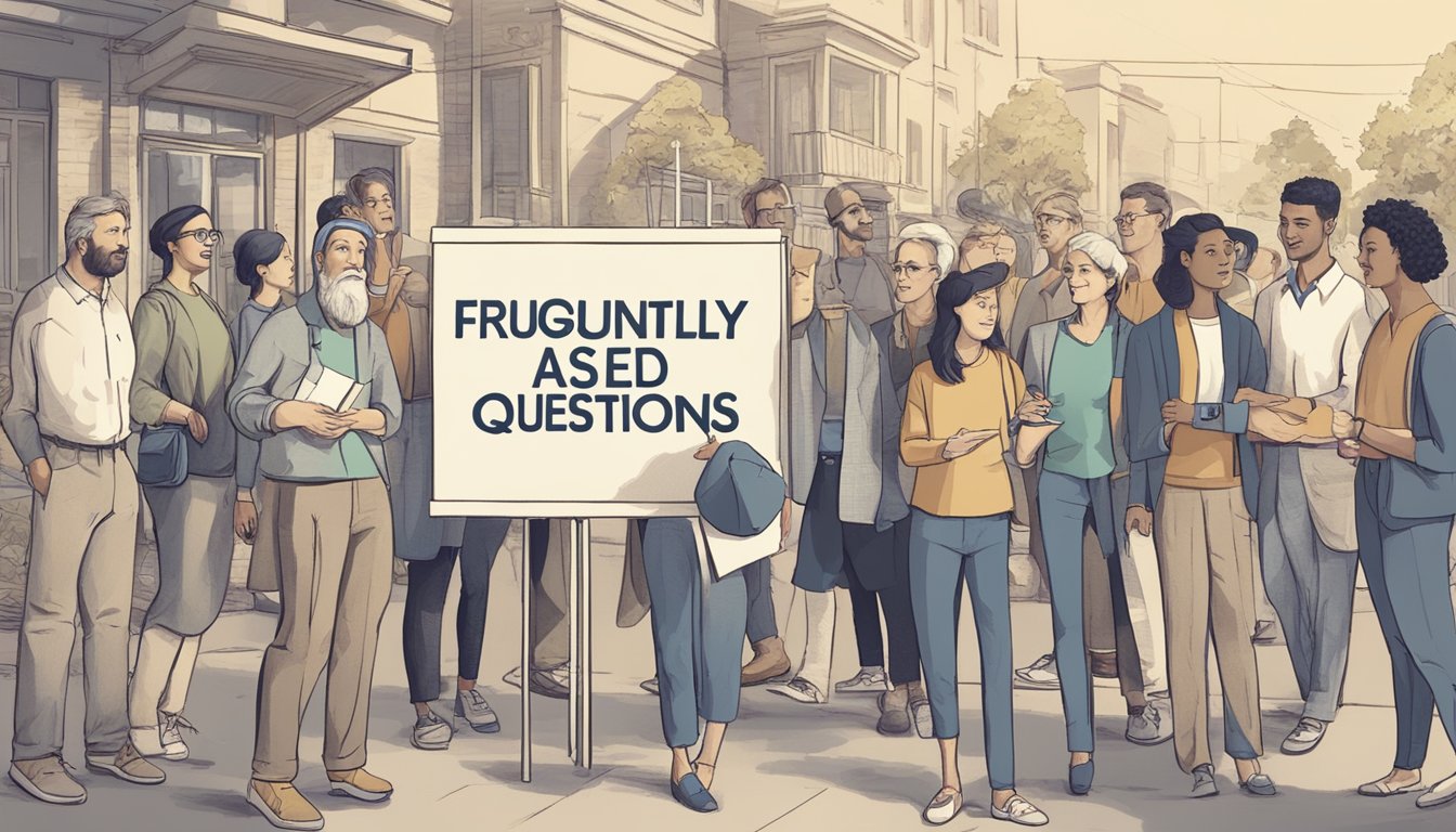 A group of people gathered around a sign labeled "Frequently Asked Questions" for the local project, pointing and discussing