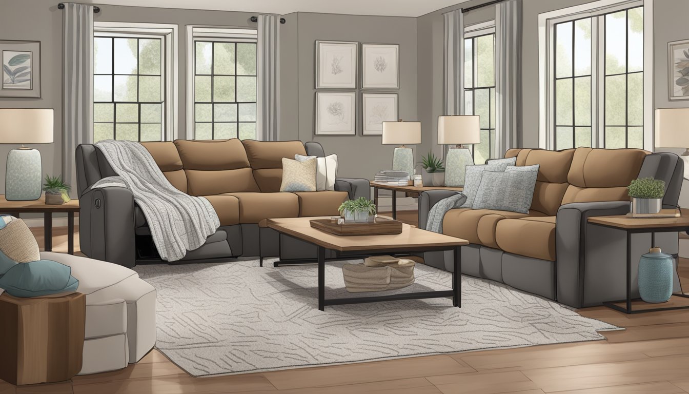 A 3-seater recliner sofa with a built-in FAQ section, surrounded by cozy throw pillows and a soft blanket, set against a warm, inviting living room backdrop