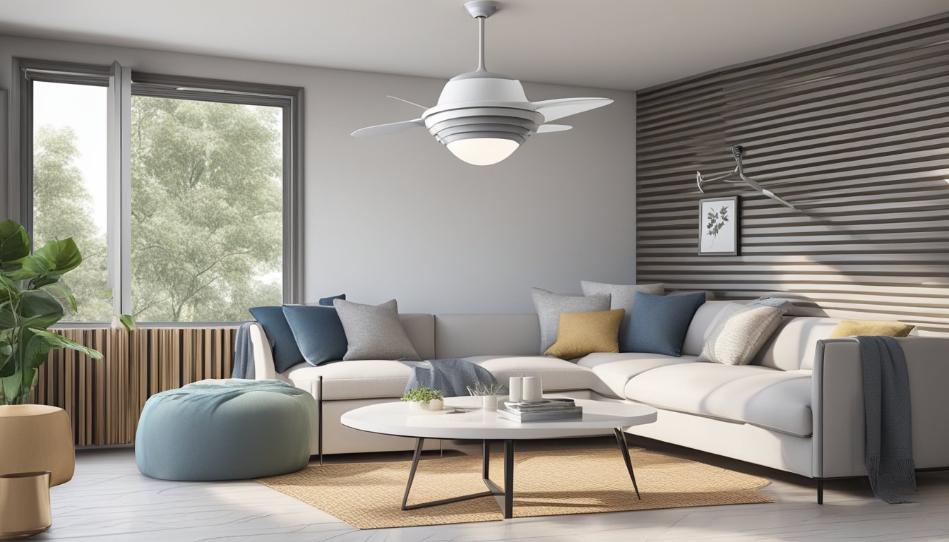 A wall mounted fan is installed on a clean, white wall with a sleek, modern design. It is positioned at a comfortable height and is angled slightly downward for optimal air circulation