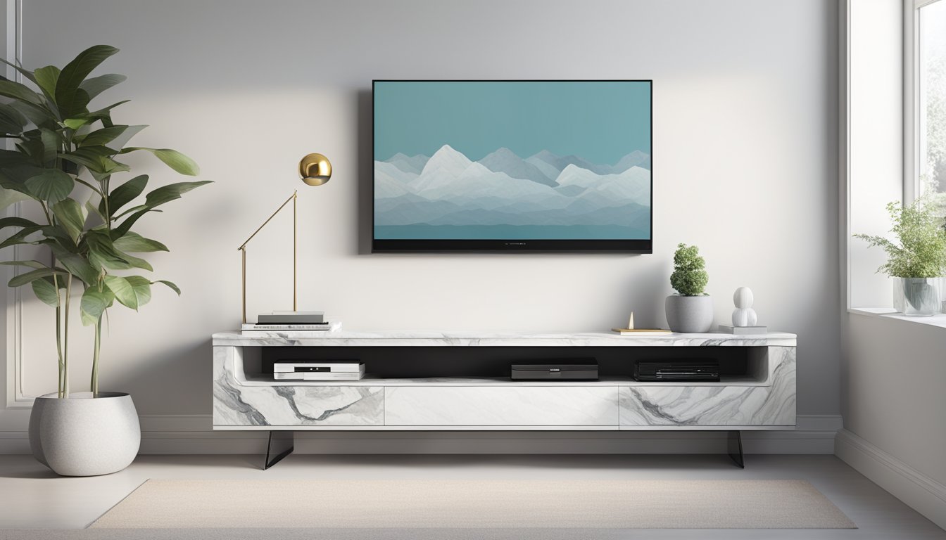 A sleek marble TV console sits against a white wall, with a minimalist design and clean lines