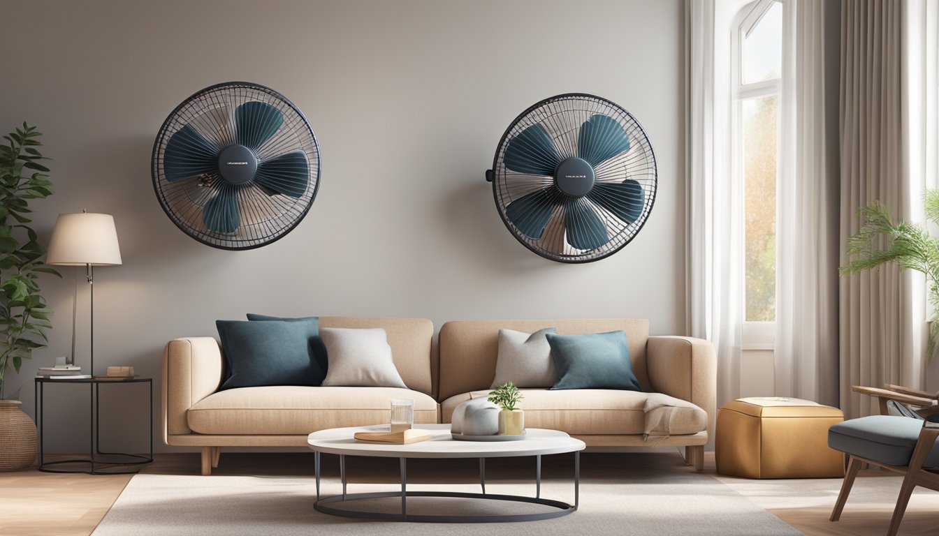 A sleek, modern wall-mounted fan in a cozy living room, gently circulating the air and adding a touch of elegance to the space