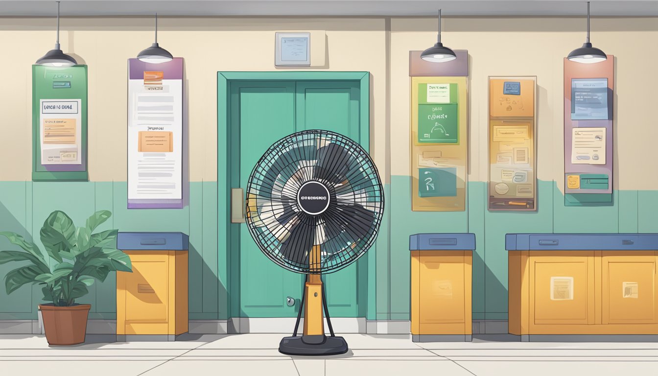 A wall-mounted fan in a Singaporean setting, surrounded by frequently asked questions signage