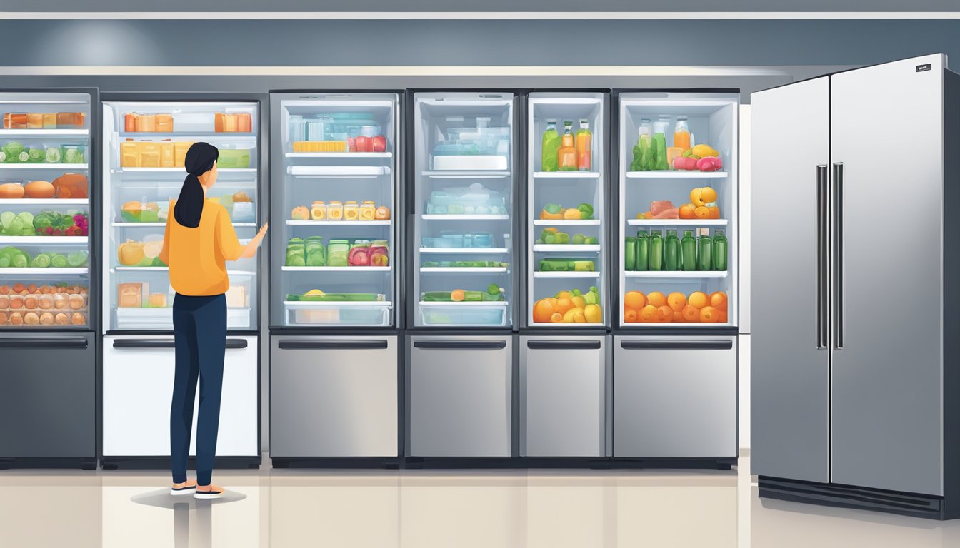 A person stands in front of various fridge sizes, comparing and selecting the perfect one in a Singapore appliance store