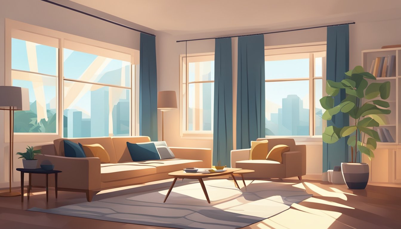 A cozy living room with a plush sofa and a sleek modern couch facing each other. Sunlight streams in through the window, casting warm shadows on the furniture